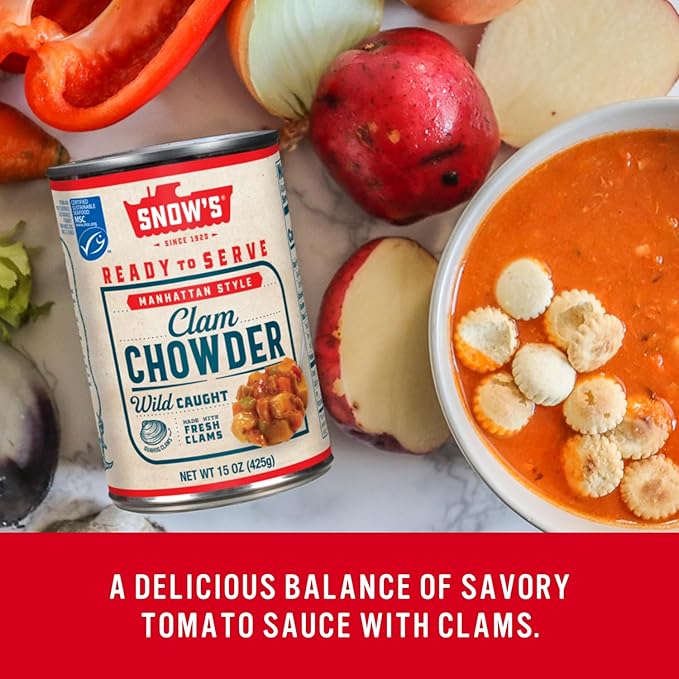 Snow's Manhattan Clam Chowder, 15 oz Can - 11g Protein per Serving - Ready-to-Serve Authentic