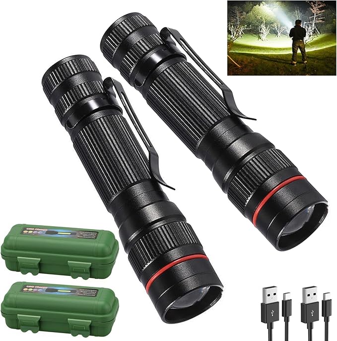 LED Flashlight Rechargeable 2 Pack, High Lumens Tactical flahlight, Super Bright Small Flash Light