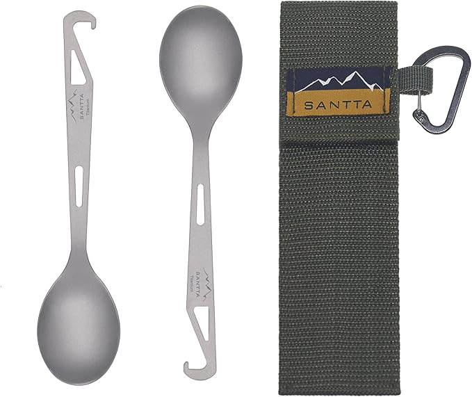 SANTTA Titanium Camping Spoon Set of 2 Piece, Spoon and Bottle Opener 2-in-1 Design, Lightweight Ti