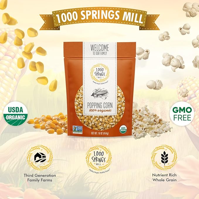 1000 Springs Mill Organic Dry Popcorn Kernels - Non-GMO, Healthy Snack for Microwave or Stovetop