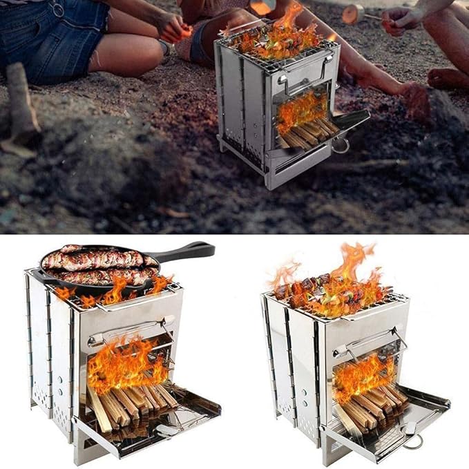 Camping Wood Burning Stove with Grill, Collapsible Backpacking Survival Rocket Stove Stainless
