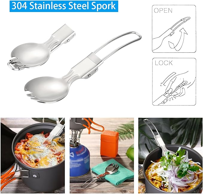 Odoland 6pcs Camping Cookware Mess Kit with Lightweight Pot, Stove, Spork and Carry Mesh Bag, Great