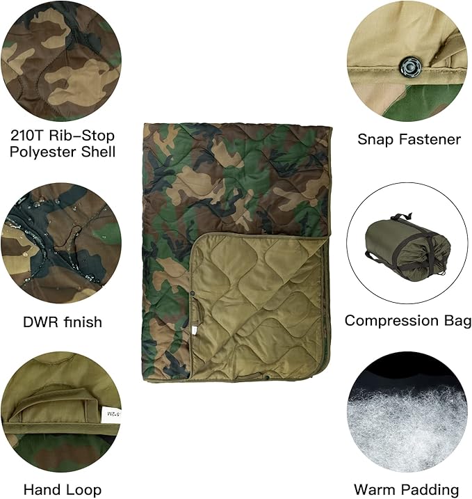 Military Poncho Liner 55”x 79” Camping Blanket Insulation Compact Waterproof for Travel Stadium