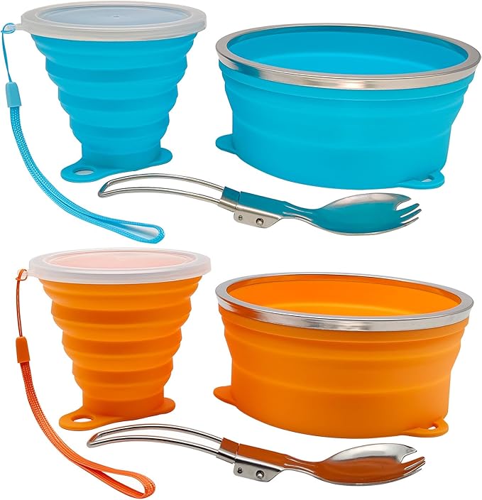 Mess Kit for Camping Silicone Collapsible Bowl Collapsible Cup and Stainless Steel Spoon for