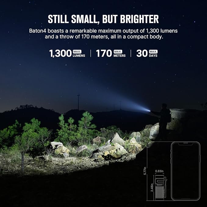 OLIGHT Baton4 Rechargeable EDC Flashlight, Bright LED Flashlight 1300 Lumens with Charging Cable