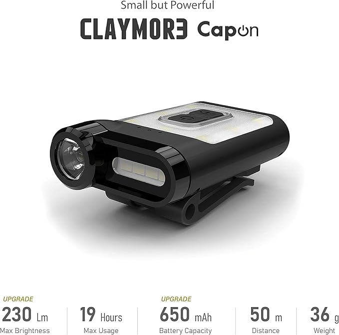 Claymore Capon 65A+ Tan Ultra-Light Clip-On Cap Light ??USB-C Rechargeable 230LM LED Compact