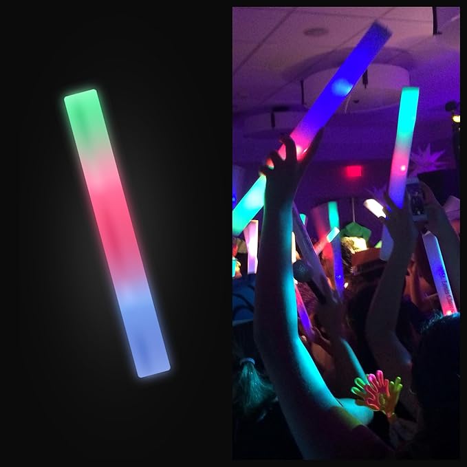 100 Pack - Multicolor LED Foam Sticks Glow Batons - 3 Modes - 18" - Great for Weddings and Parties