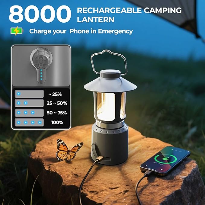 Camping Lantern Rechargeable, 8000mAh Power Bank, Telescopic Tent Light with 360° Lighting, Dual