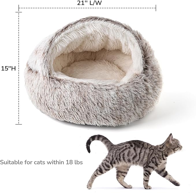 CATISM Plush Hooded Cat Bed, Calming Nest, Self-Warming Cave, Cozy Pod for Indoor Cats or Small