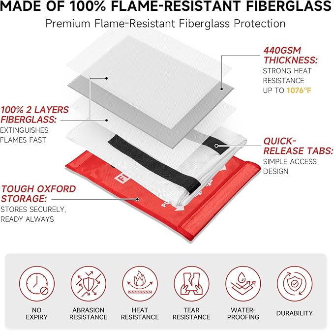 Fire Blanket Emergency for Home Kitchen - 6 Pack 40"x40" Fireproof Safety Protection Fiberglass