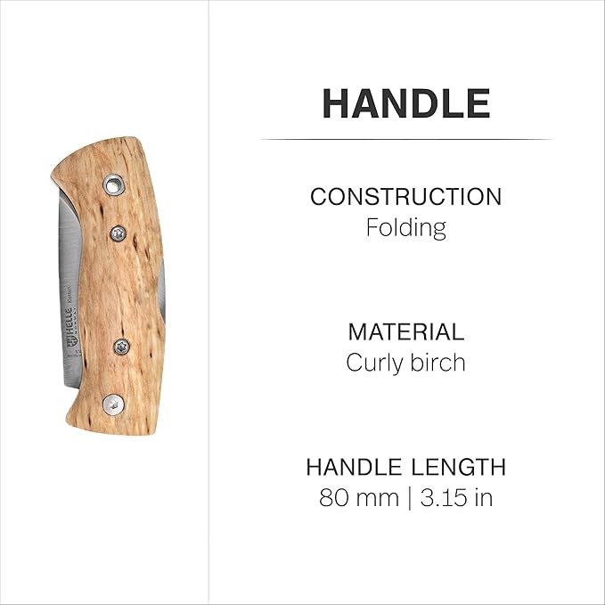 HELLE Knives - Kletten - Folding EDC Pocket Knife - Birch Wood Handle - Triple Laminated Stainless