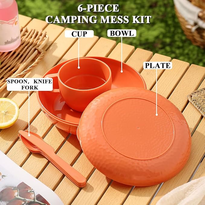 Homquen 6-Piece Camping Mess Kit with Bowl, Plate, Cup, Spoon, Fork, Knife and Carry Bag, Camping