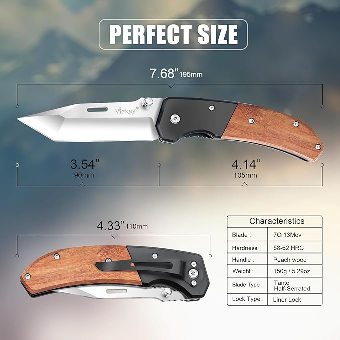 Vickay Pocket Knife, Folding Knife with Clip - 3.54??Tanto Blade, Wood Handle EDC Knife for Men &
