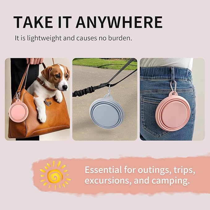 Collapsible Dog Bowls 2-Pack, Portable Travel Dog Bowl with Carabiner, Food-Grade Silicone Pet Bowl
