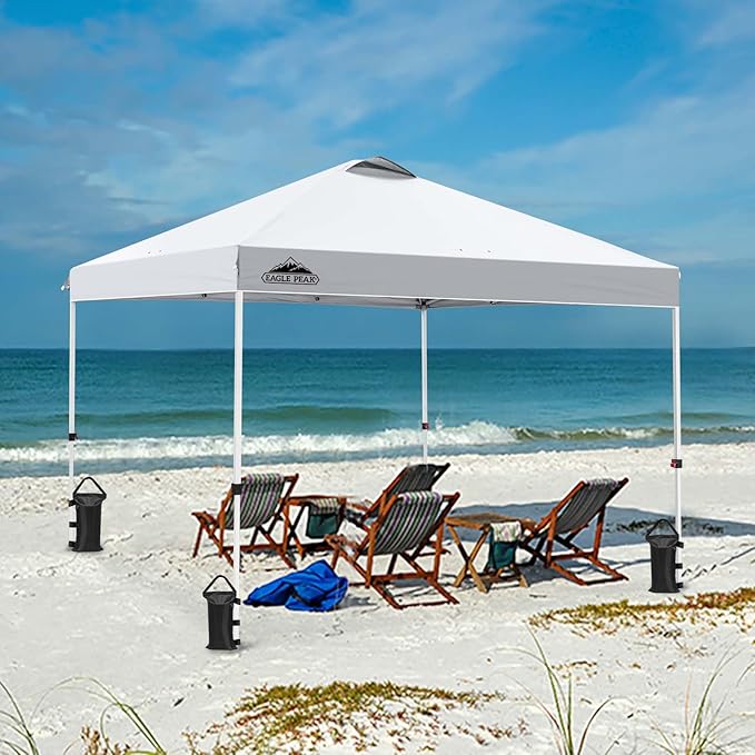 EAGLE PEAK Pop Up Canopy Tent with Wheeled Carry Bag, 8 Stakes, 4 Ropes, 4 Weight Bags, Easy Set Up