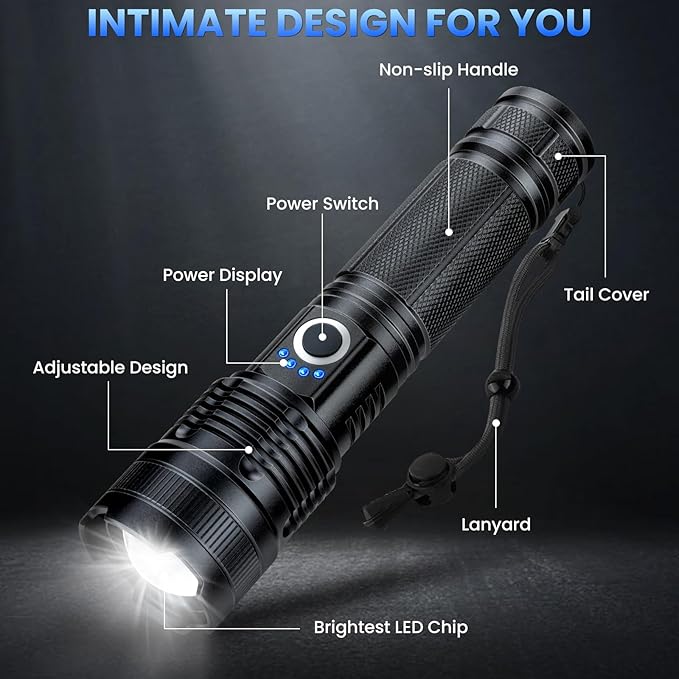 Rechargeable LED Flashlights High Lumens, 99,000 Lumens Super Bright Flashlight, Adjustable