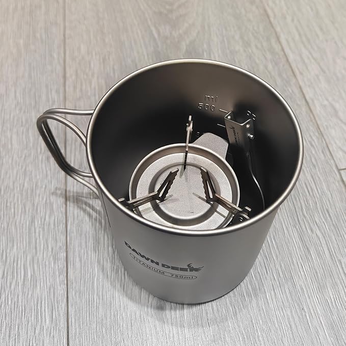 Titanium Backpacking Stove System, Cup/Portable Alcohol Stove/Foldable Spork -750ml Camping Combo