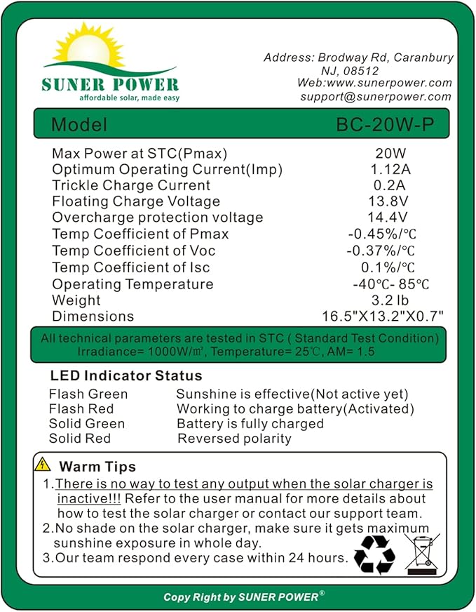SUNER POWER 20W 12V Solar Battery Charger Maintainer, Built-in Smart MPPT Charge Controller