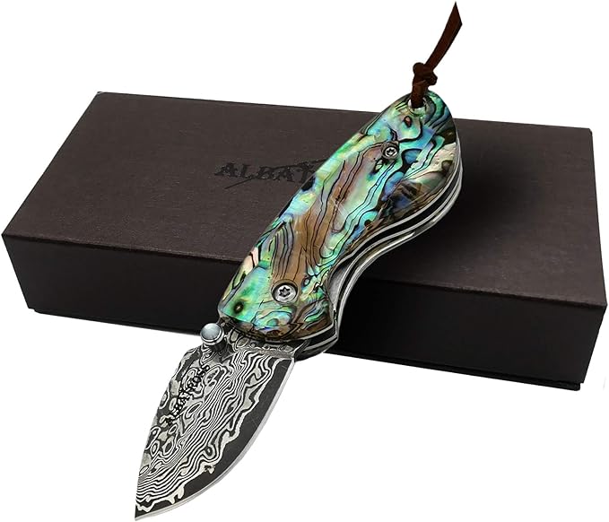 ALBATROSS Mini Pocket Knife - 4.75" Modern Damascus Steel Folding Knife with Abalone Seashell
