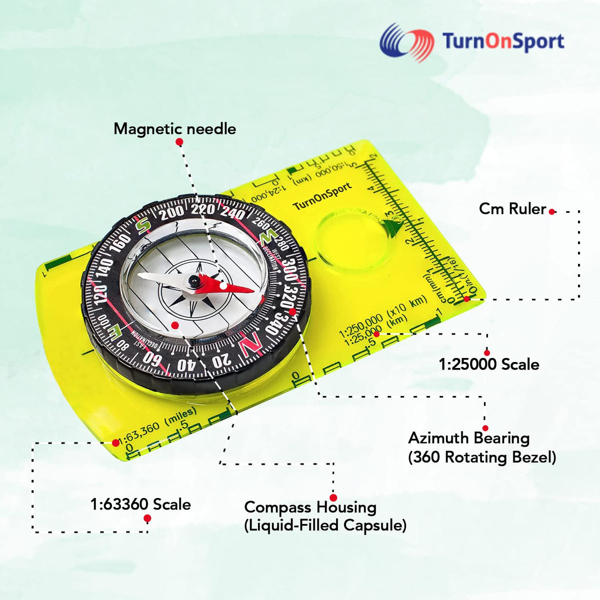TurnOnSport Orienteering Compass - Green - product view 2