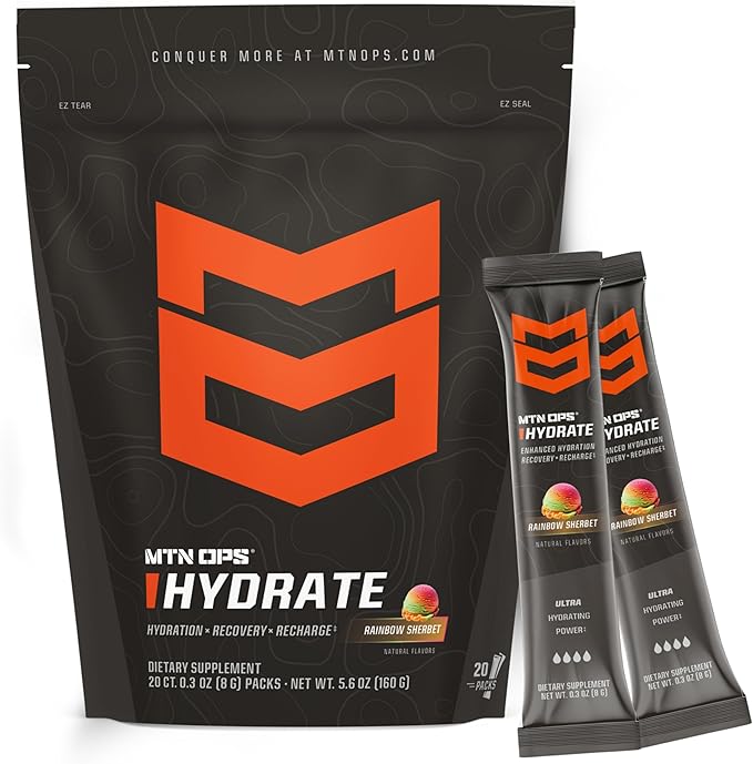 MTN OPS Hydrate Electrolytes Powder Drink Mix, 20 Single Serving On-The-Go Electrolyte Packs with