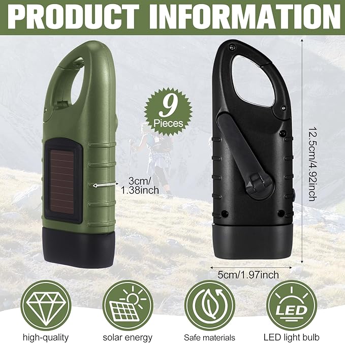 Leelosp 9 Pieces Hand Crank Flashlight Solar Powered Flashlight for Emergencies Dynamo Rechargeable