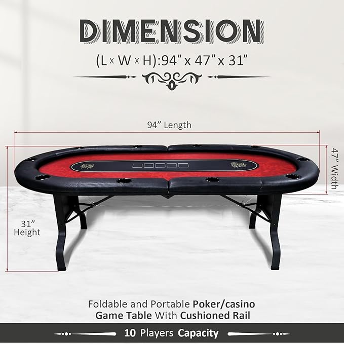 GUTSHOT Foldable Poker Table for 10 Players with 10 Chairs and Poker Chips Set - Premium