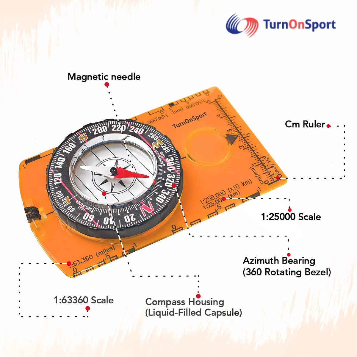 TurnOnSport Orienteering Compass - Orange - product view 3