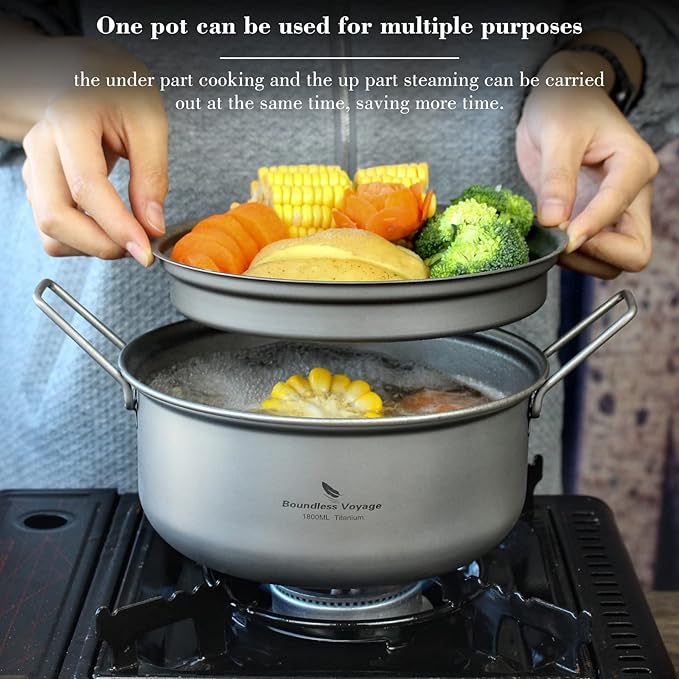 Boundless Voyage Multifunctional Titanium Steamer Pot with Frying Pan and Vented Lid Outdoor