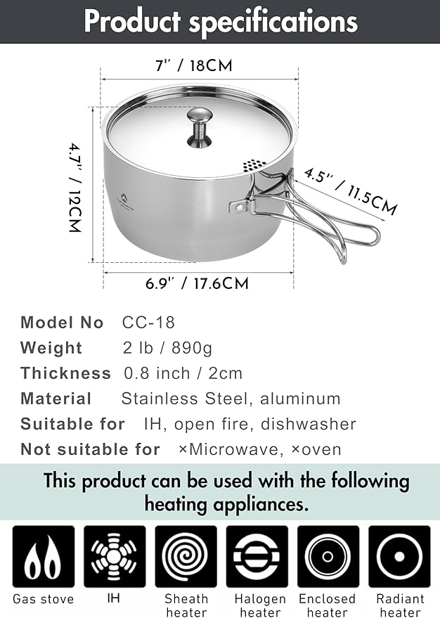 CAMPINGMOON 2 Quart Camping Saucepan 3-ply Stainless Steel Cooking Pot w/Lid Foldable Handle