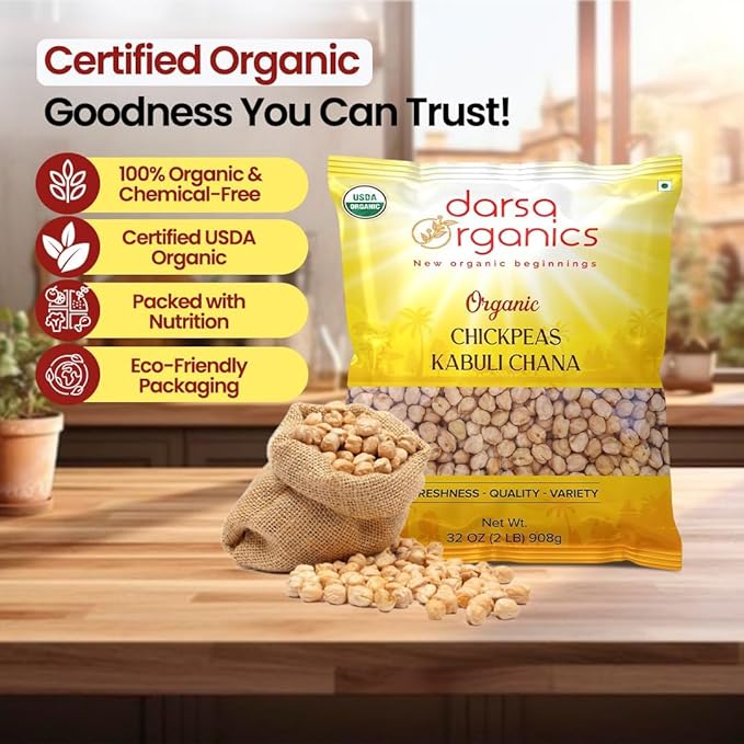 Darsa Organics Chickpeas (Garbanzo Beans) 2 lb | Kabuli Chana Dal | USDA Organic, Non-GMO, Kosher |