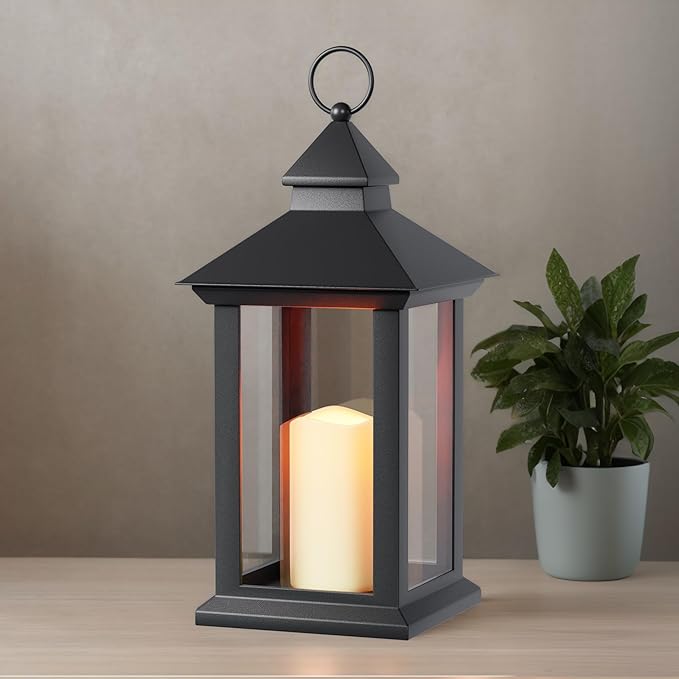 Lanterns Decorative Indoor, 1 Pack Black Outdoor Lantern with Timer, 14" Lantern Waterproof with