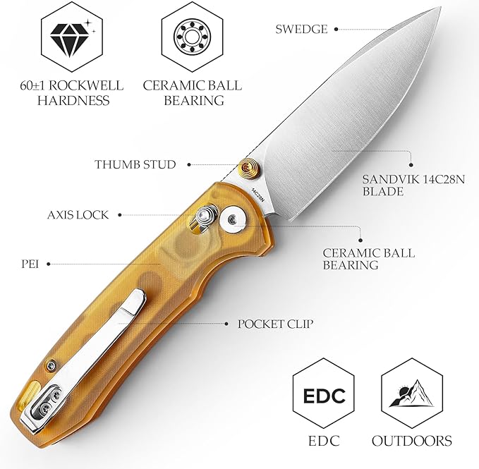 EDC Folding Pocket knife with Clip for Men,Thumb Studs Crossbar Lock Knives with 2.99" 14C28N Steel