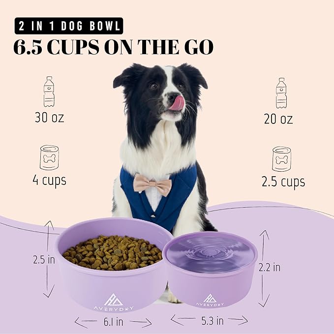 AVERYDAY 50 Oz Travel Dog Bowls with Lids, 2-in-1 Portable Pet Bowls for Food and Water, Leakproof