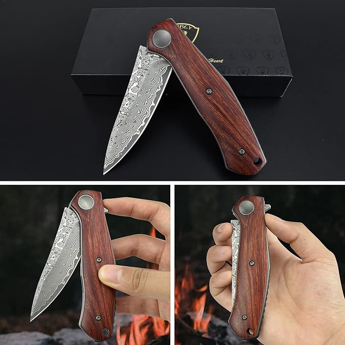 AUBEY Damascus Folding Pocket Knife Handmade with Clip for Men, Damascus Hunting Knife EDC Knife
