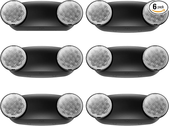 6 Pack Led Black Emergency Light with Battery Backup Round 2 Heads -UL Certified Exit