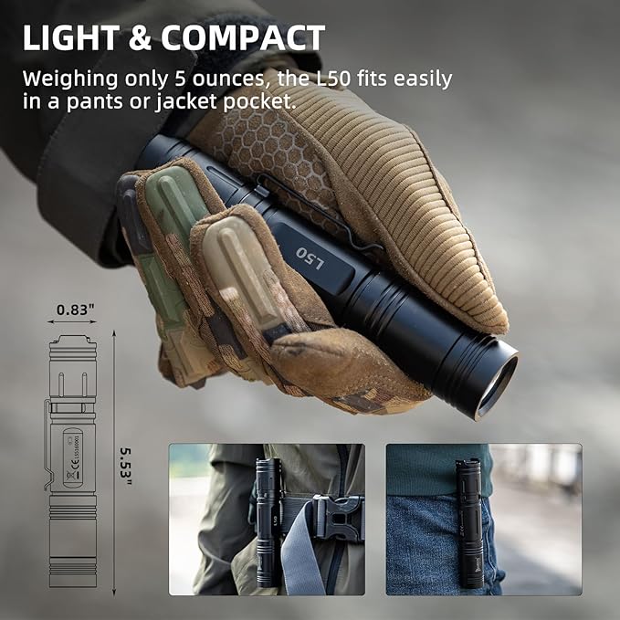 WUBEN L50 Tactical Flashlight, 1200 High Lumens Flashlight Rechargeable, LED Flash Light IP68