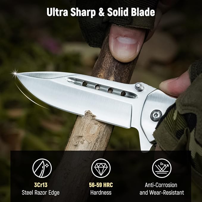Pocket Knife for Men - 3.46" Sharp Blade Wood Handle Pocket Folding Knives with Clip, Glass Breaker