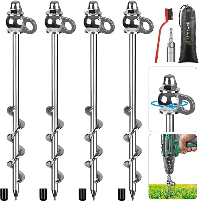 4 Pack Tent Stakes, 12 Inch Heavy Duty Ground Anchors, Full Welding, Easy to Screw in and Reusable