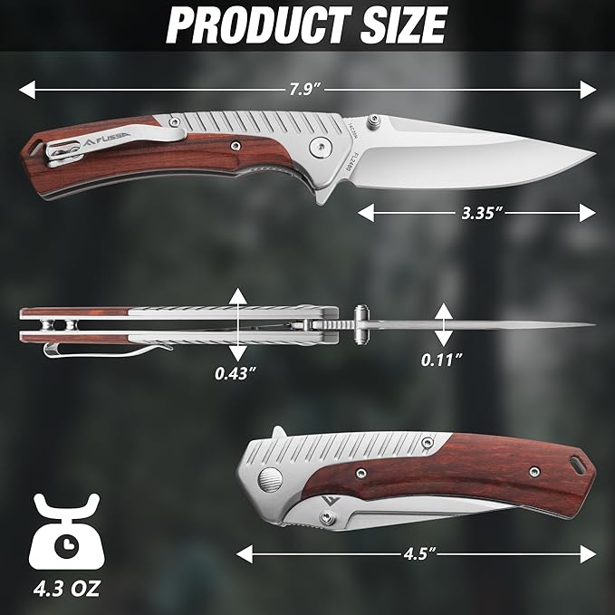 FLISSA Pocket Knife with 3.35" 14C28N Steel Blade, Liner Lock Folding Knife with Wood Handle for