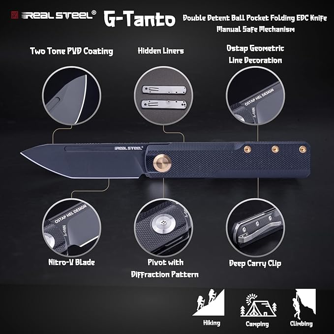 REALSTEEL G-Tanto Pocket Knife,Folding Knives,2.6" Nitro-V Blade,Double Detent Ball Slipjoint