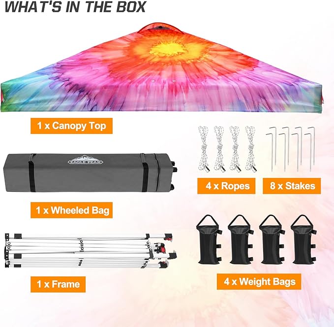 EAGLE PEAK Pop Up Canopy Tent with Wheeled Carry Bag, 8 Stakes, 4 Ropes, 4 Weight Bags, Easy Set Up