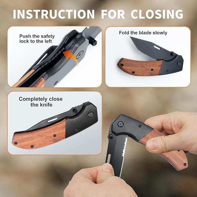 Vickay Pocket Knife, Folding Knife with Clip - 3.54??Black Serrated Steel Blade, Wood Handle EDC