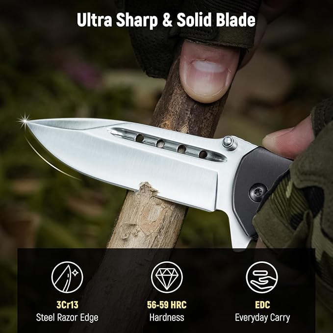 Pocket Knife for Men - 3.46" Sharp Blade Wood Handle Pocket Folding Knives with Clip, Glass Breaker