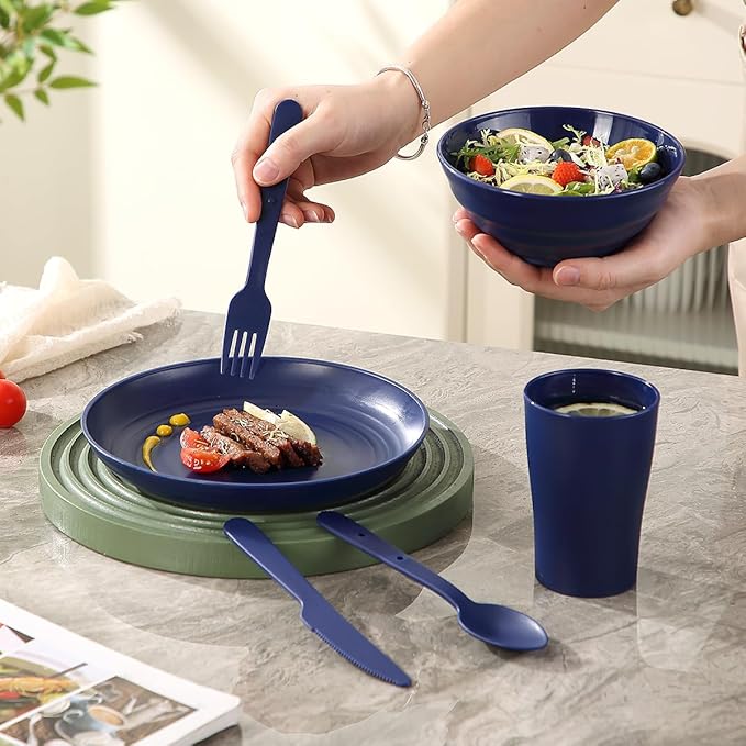 Camping Mess Kit for 2 with Bowl, Plate, Cup, Spoon, Fork, Knife and Carry Bag, Plastic Camping
