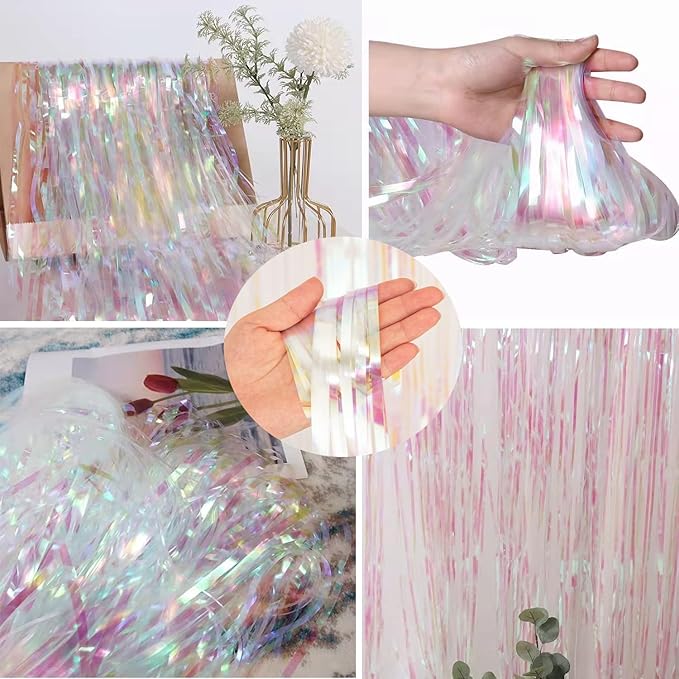 BRAVESHINE Party Decorations Iridescent Foil Fringe Backdrops - 2 Pack 3.2 x 6.5 ft Holographic