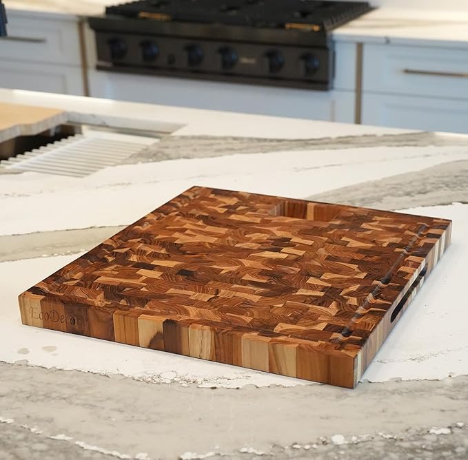 EcoDecors, Teak End Grain Cutting Board 17"x18", FSC Teakwood Butcher Block with Juice Groove