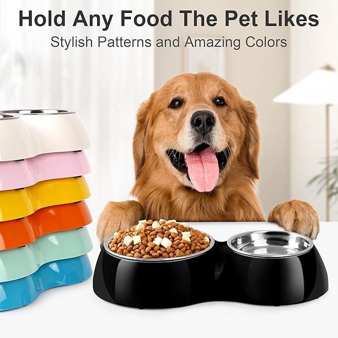 Double Dog Bowls Set ??Non-Slip Pet Food & Water Dishes with Resin Stand, Includes Small (1 Cup) &