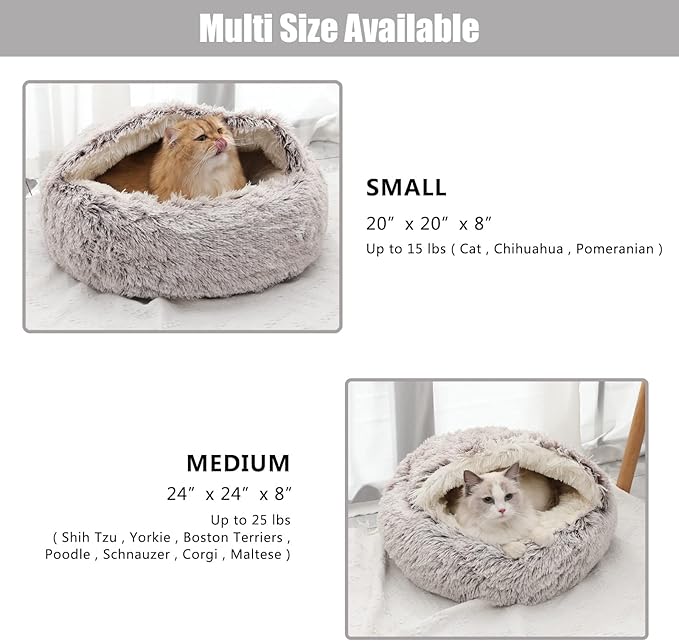 Calming Dog Beds & Cat Cave Bed with Hooded Cover,Removable Washable Round Beds for Small Medium