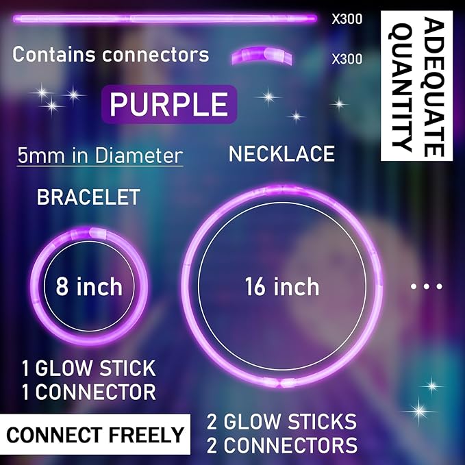 Hanaive 300 Pcs Glow Sticks Bulk 8 Inch Glow in The Dark Party Favors Neon Bracelets and Necklaces